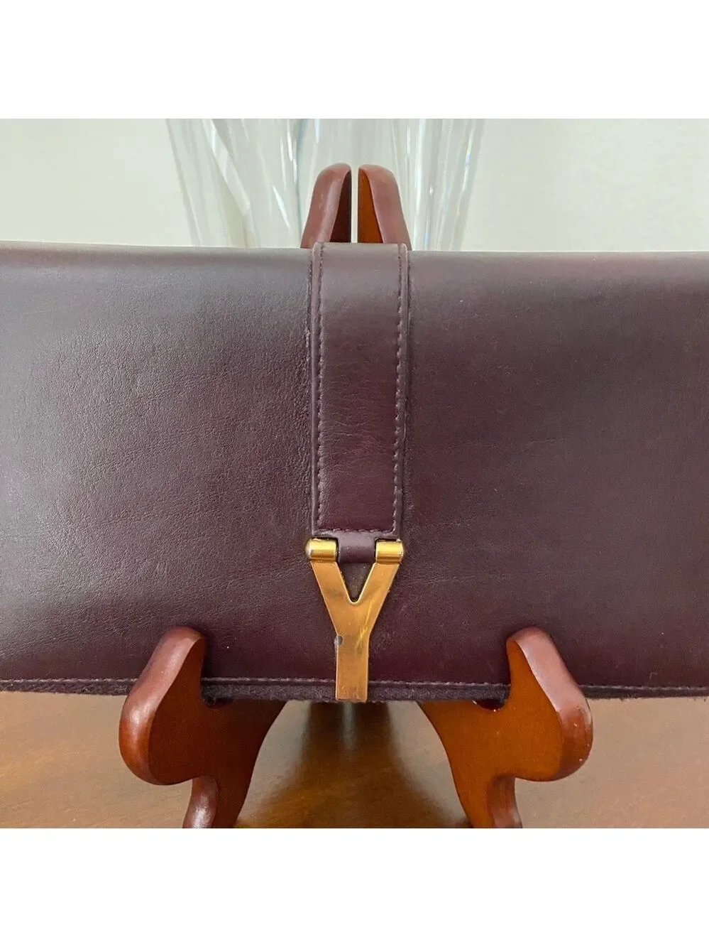 Saint Laurent Y-Ligne (Chyc) Flap Calfskin Leather Dark Purple Wallet EUC